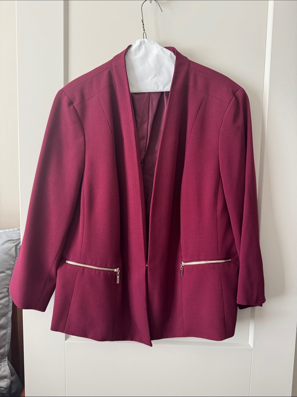 Kasper Burgundy Open-Front Blazer with Gold Zips